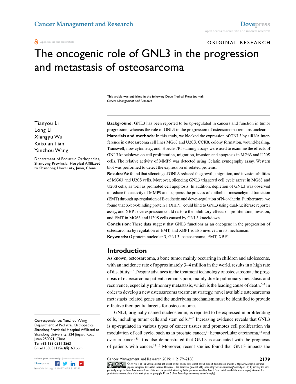 The Oncogenic Role of GNL3 in the Progression and Metastasis of Osteosarcoma