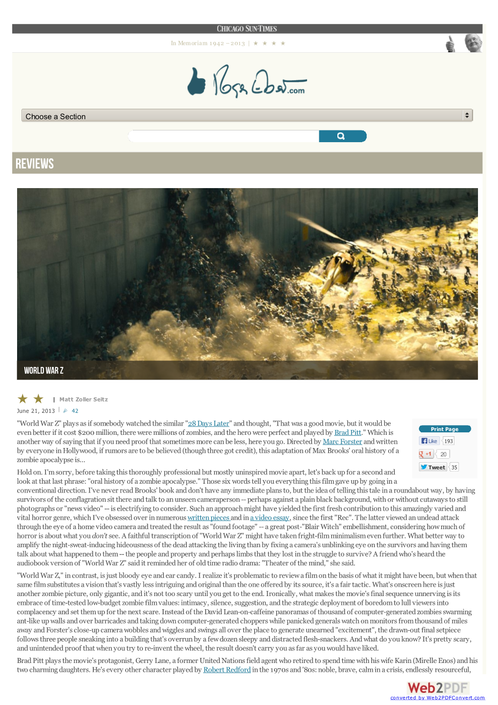 World War Z Movie Review & Film Summary (2013) | Roger Ebert