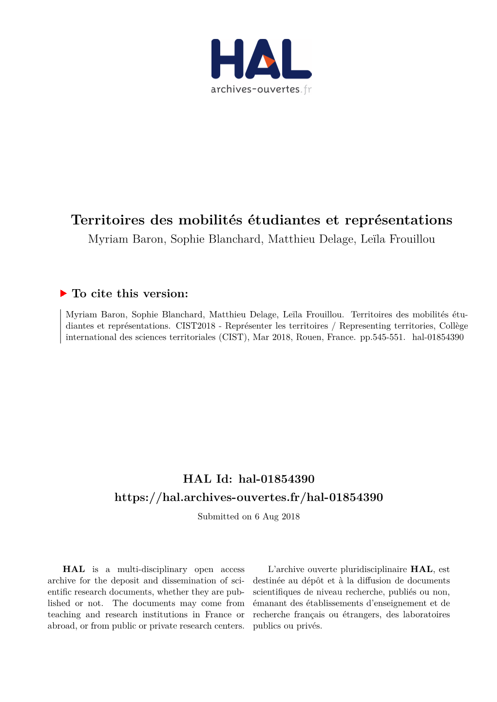 Territoires Des Mobilités Étudiantes Et Représentations Myriam Baron, Sophie Blanchard, Matthieu Delage, Leïla Frouillou