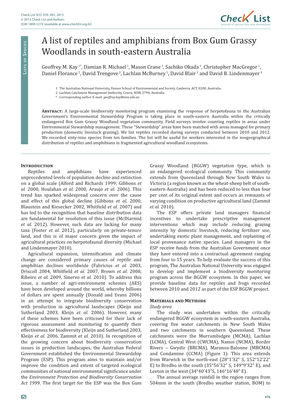 Check List 9(3): 476–481, 2013 © 2013 Check List and Authors Chec List ISSN 1809-127X (Available at Journal of Species Lists and Distribution