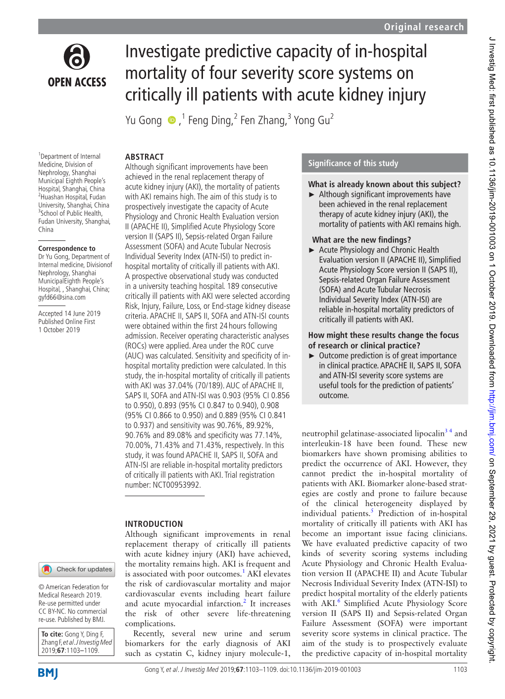 Investigate Predictive Capacity of In-Hospital Mortality of Four Severity Score Systems on Critically Ill Patients with Acute Ki