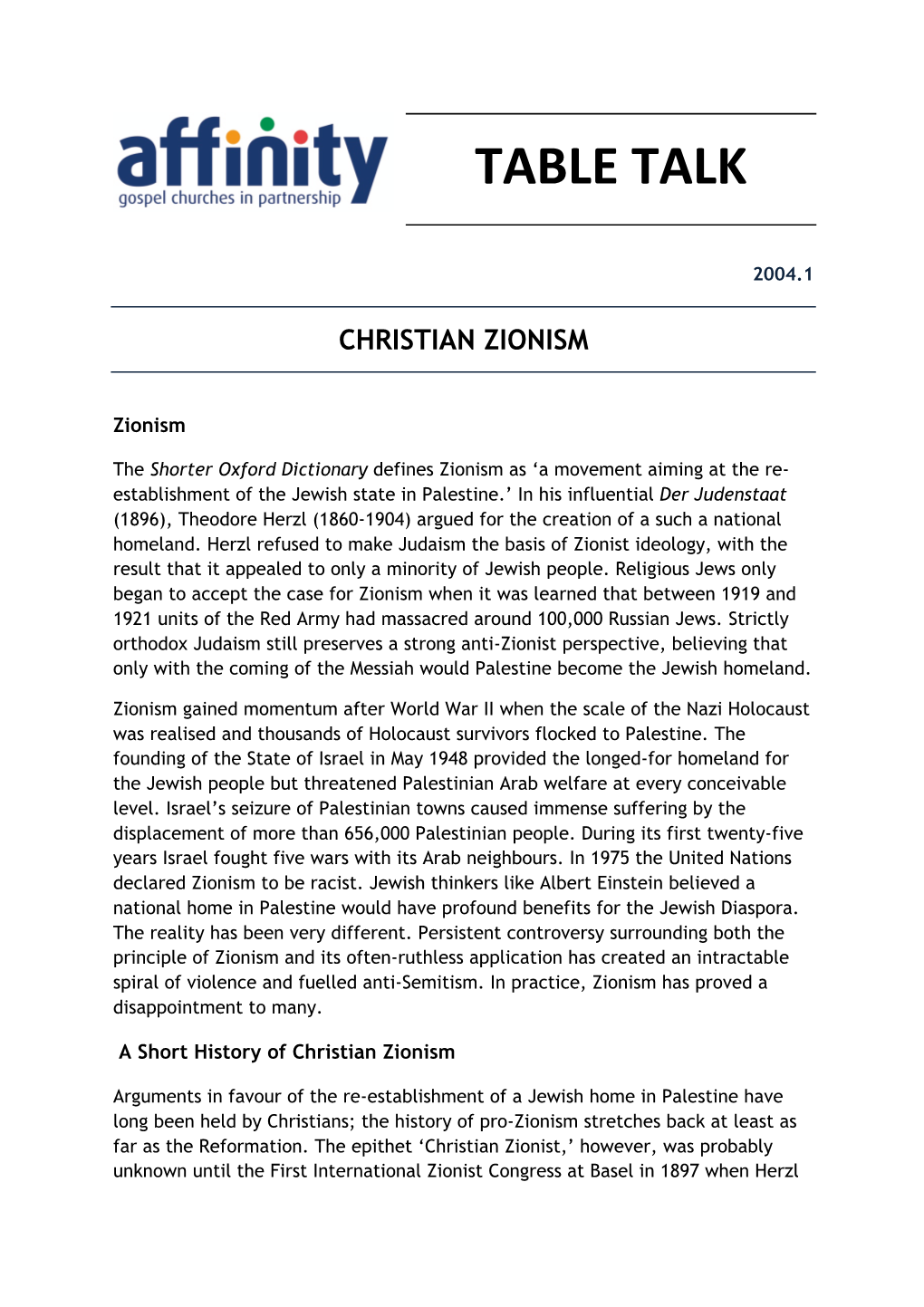 Table Talk 2004.1 Christian Zionism