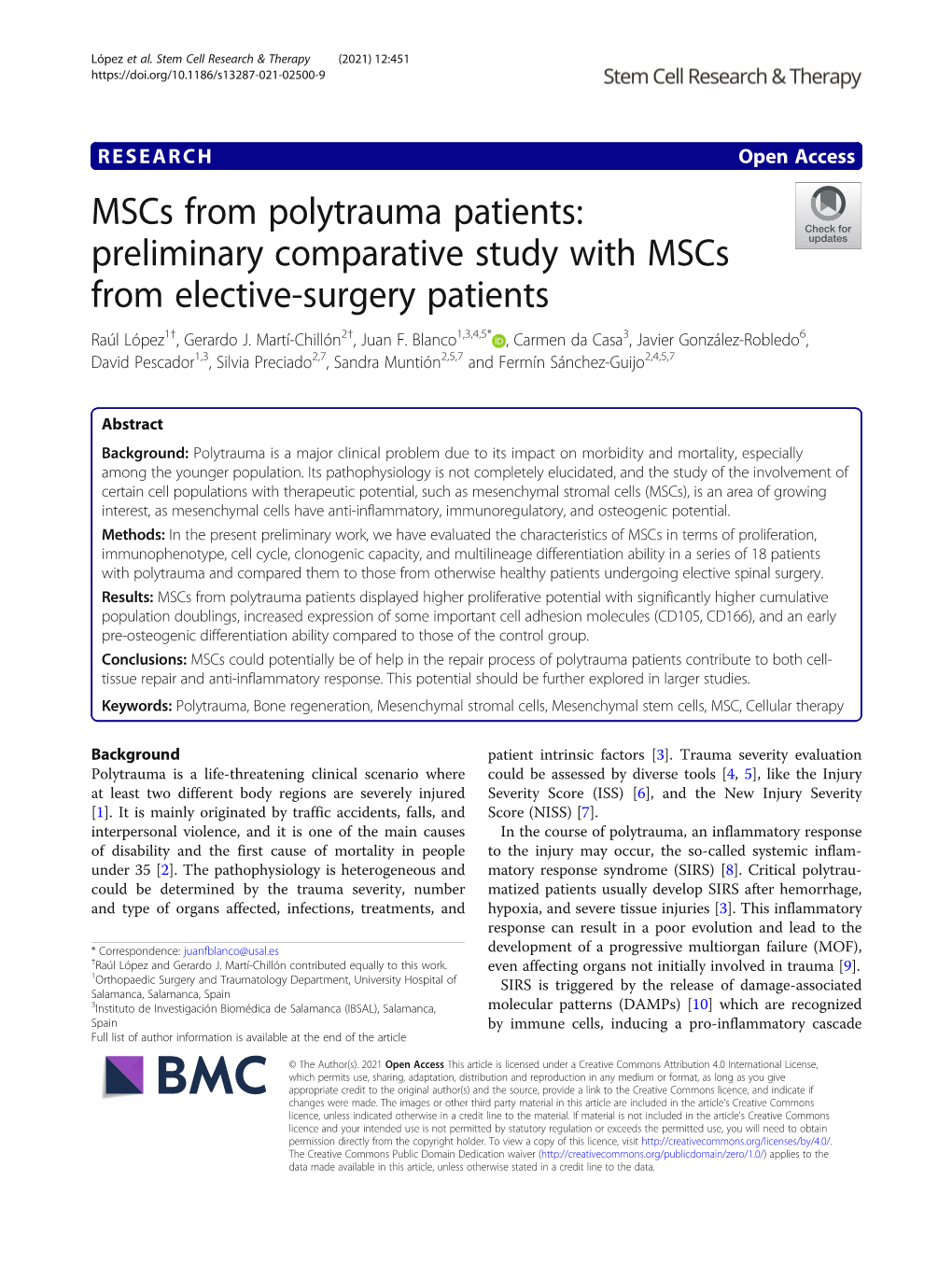 Mscs from Polytrauma Patients: Preliminary Comparative Study with Mscs from Elective-Surgery Patients Raúl López1†, Gerardo J