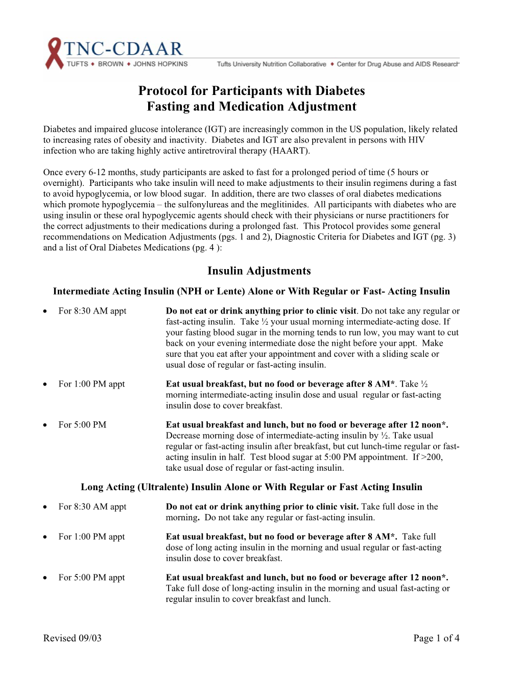 Protocol for Participants with Diabetes Fasting and Medication Adjustment