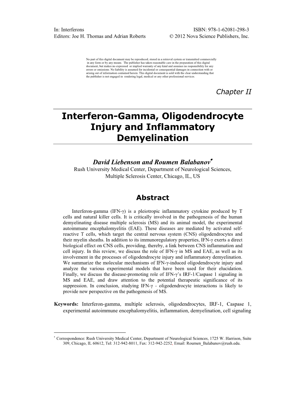 Interferon-Gamma, Oligodendrocyte Injury and Inflammatory Demyelination