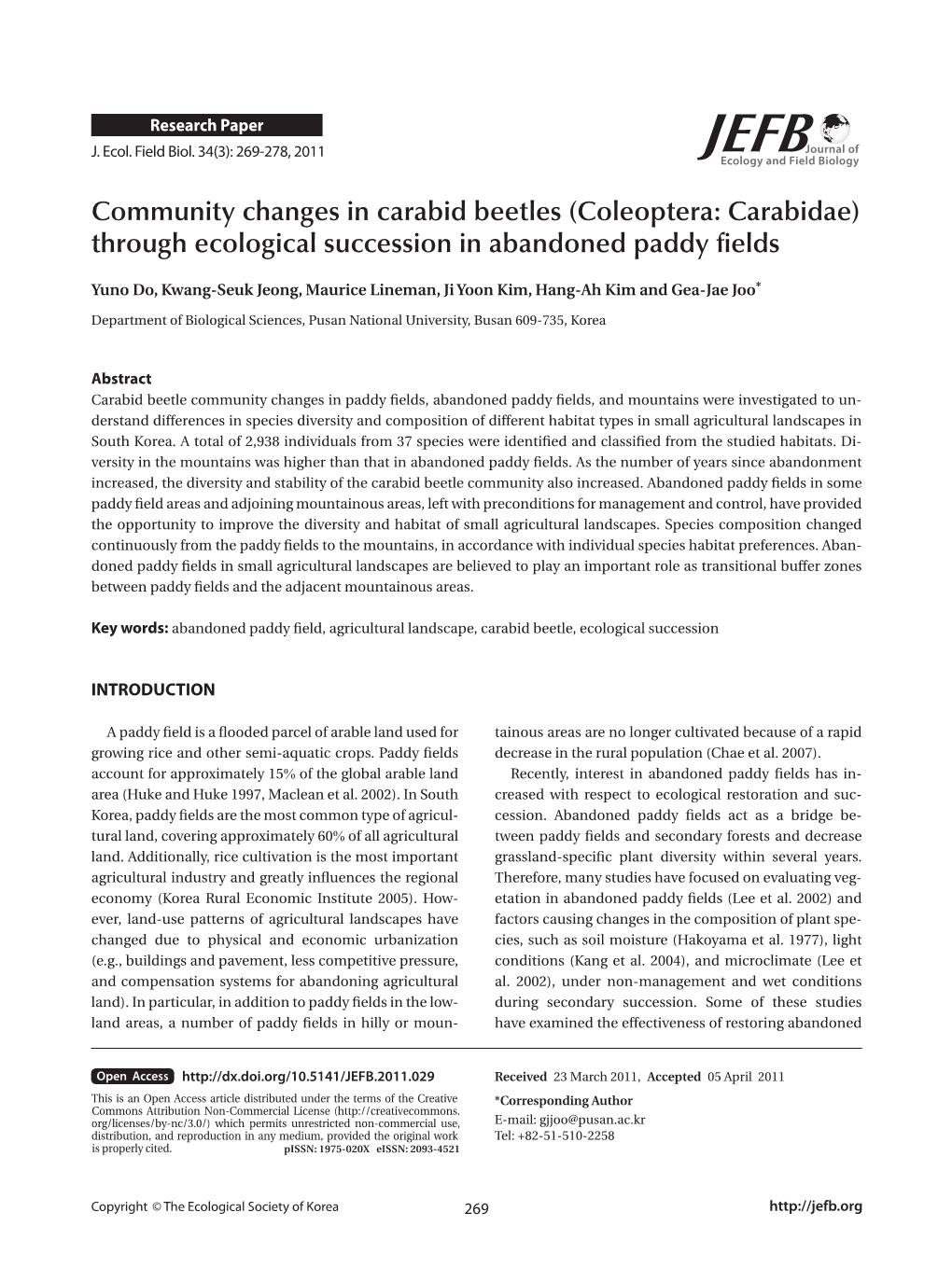 Community Changes in Carabid Beetles (Coleoptera: Carabidae) Through Ecological Succession in Abandoned Paddy Fields