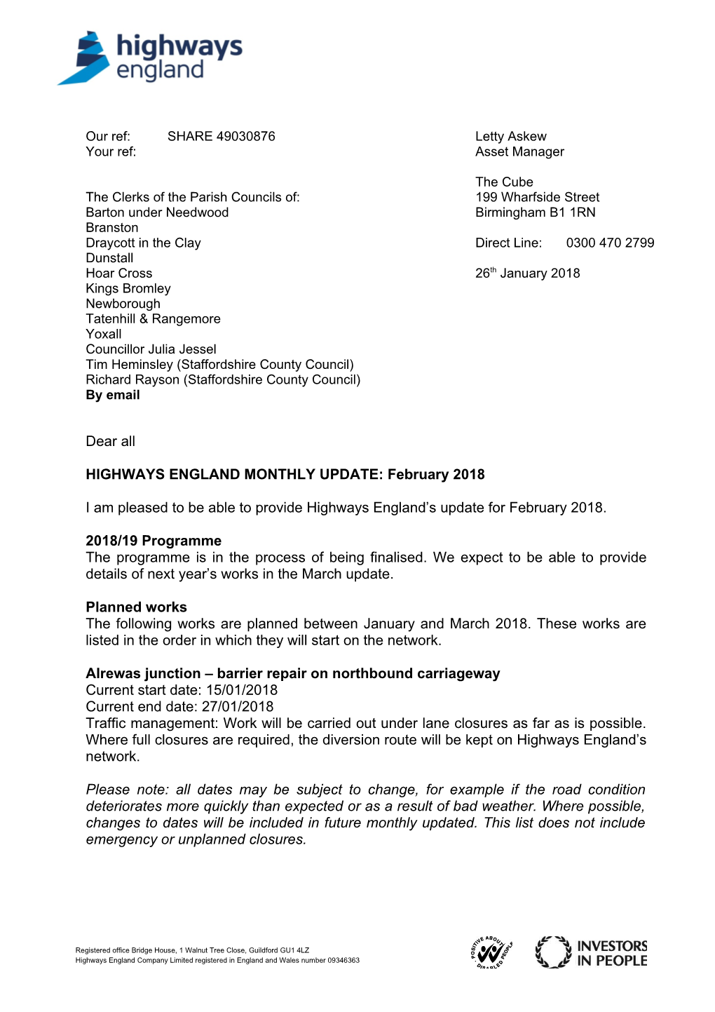 HIGHWAYS ENGLAND MONTHLY UPDATE: February 2018