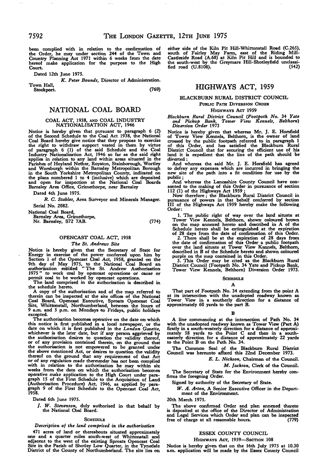 National Coal Board Highways Act, 1959