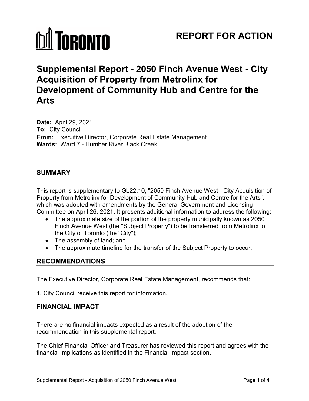 Supplemental Report - 2050 Finch Avenue West - City Acquisition of Property from Metrolinx for Development of Community Hub and Centre for the Arts
