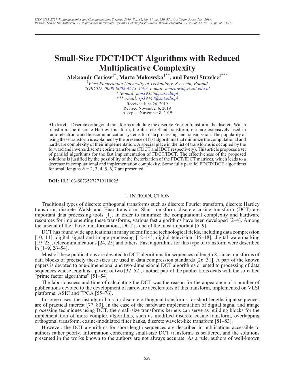Small-Size FDCT/IDCT Algorithms with Reduced Multiplicative