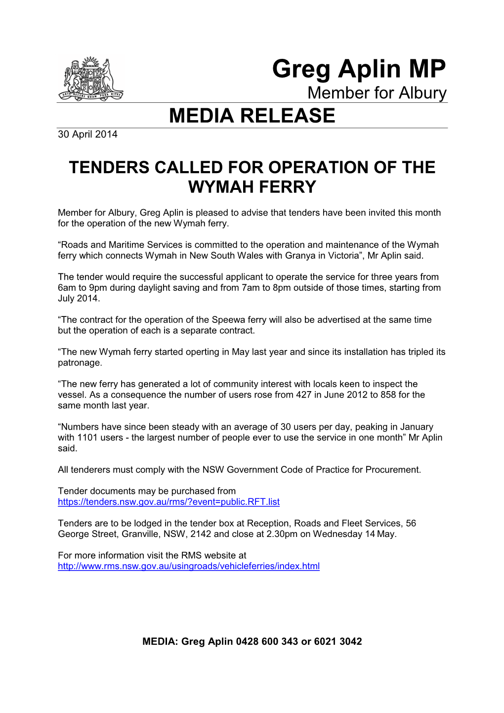 Tenders Called for Operation of the Wymah Ferry