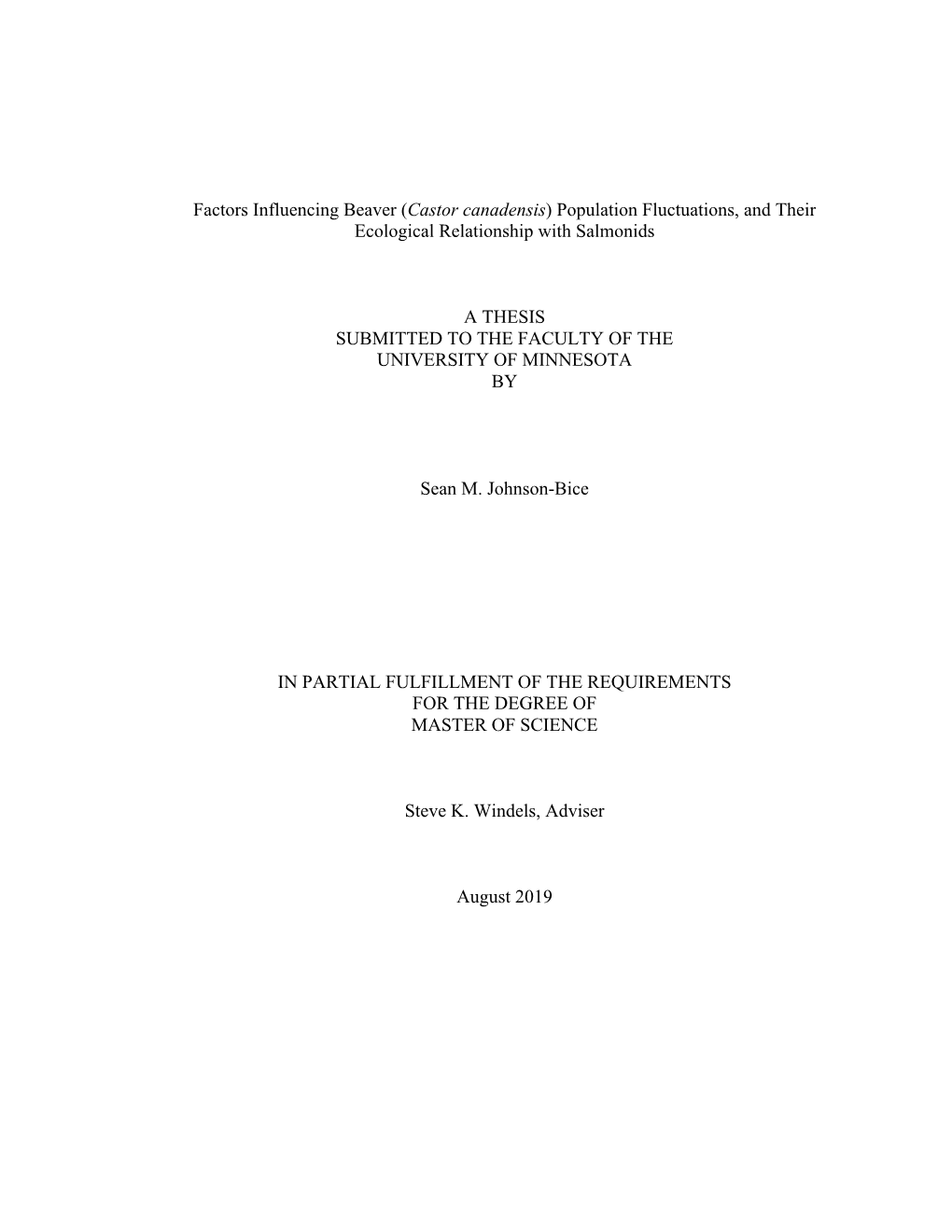 Castor Canadensis) Population Fluctuations, and Their Ecological Relationship with Salmonids