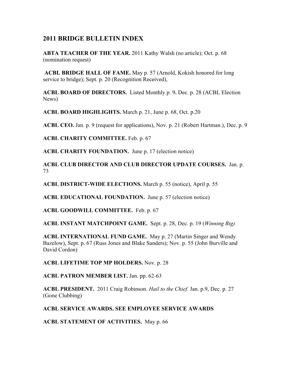 2010 Bridge Bulletin Index