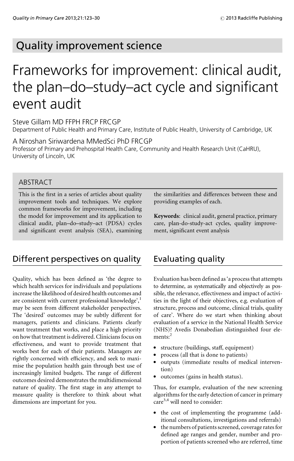 Clinical Audit, the Plan–Do–Study–Act Cycle and Significant Event Audit