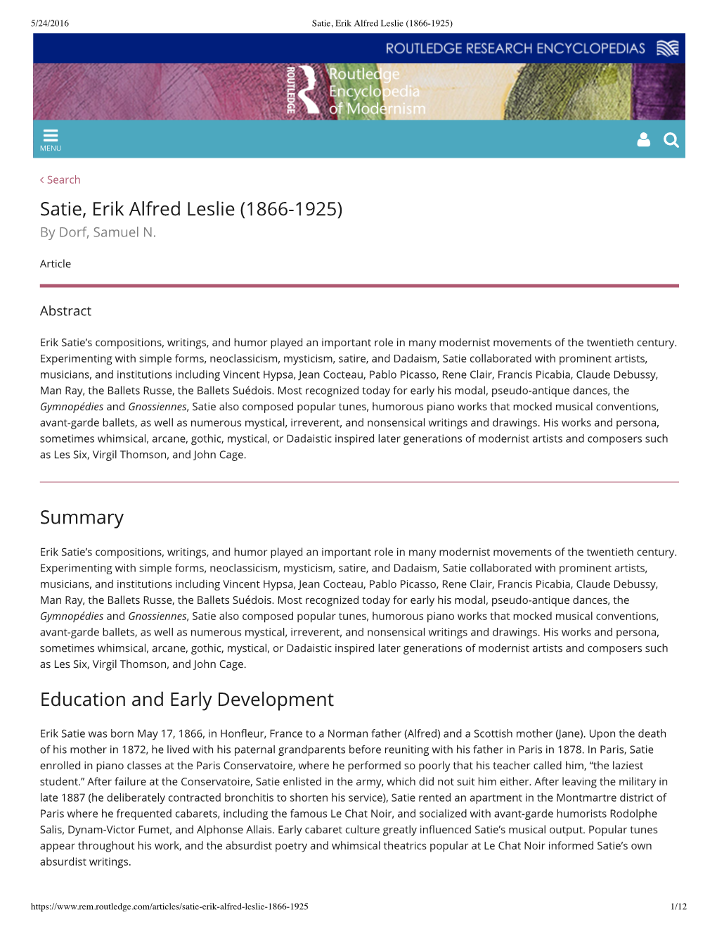 Summary Education and Early Development Satie, Erik Alfred Leslie