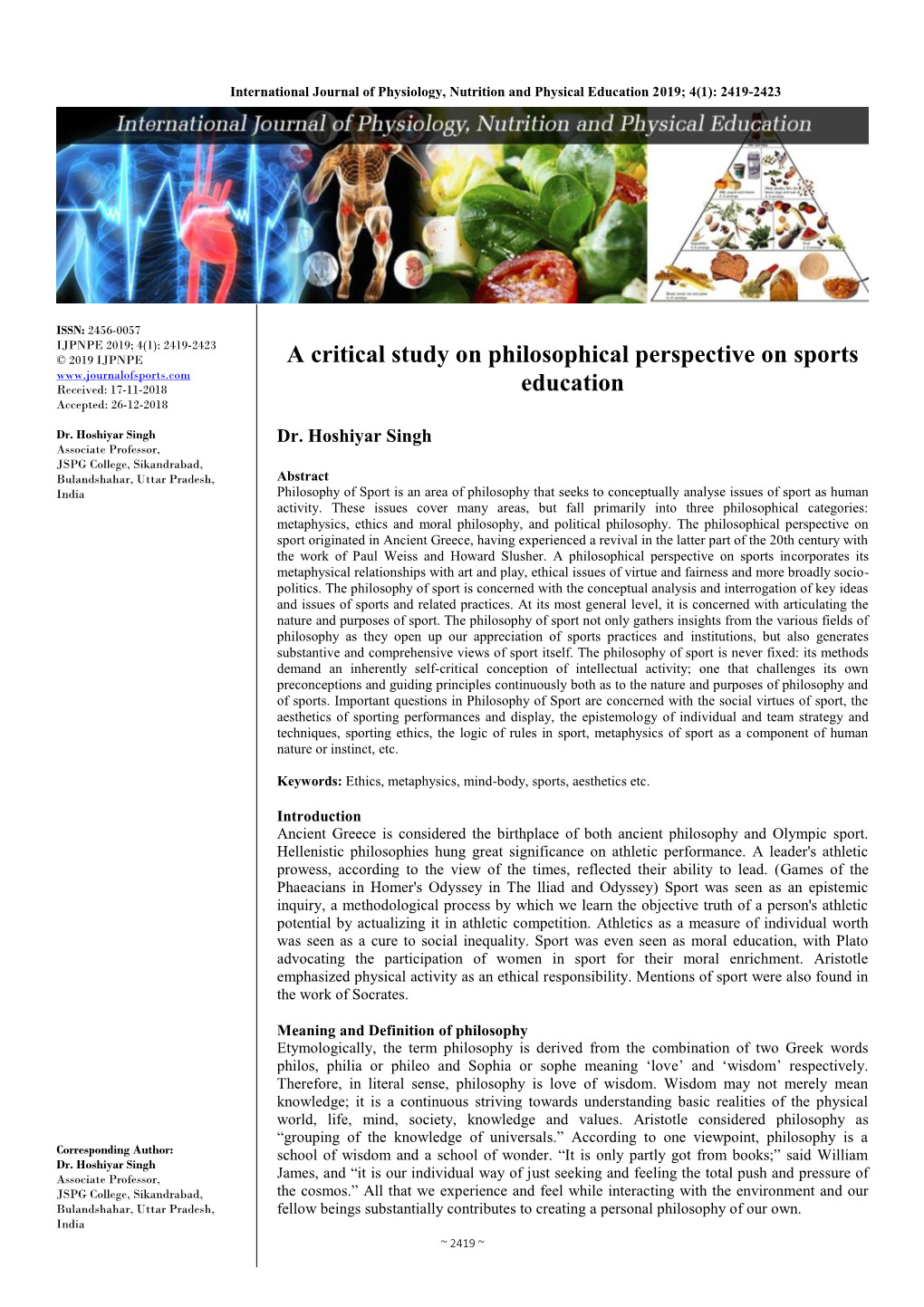 A Critical Study on Philosophical Perspective on Sports Education