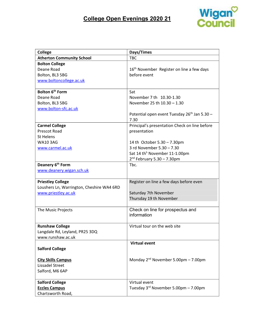 College Open Evenings 2020 21