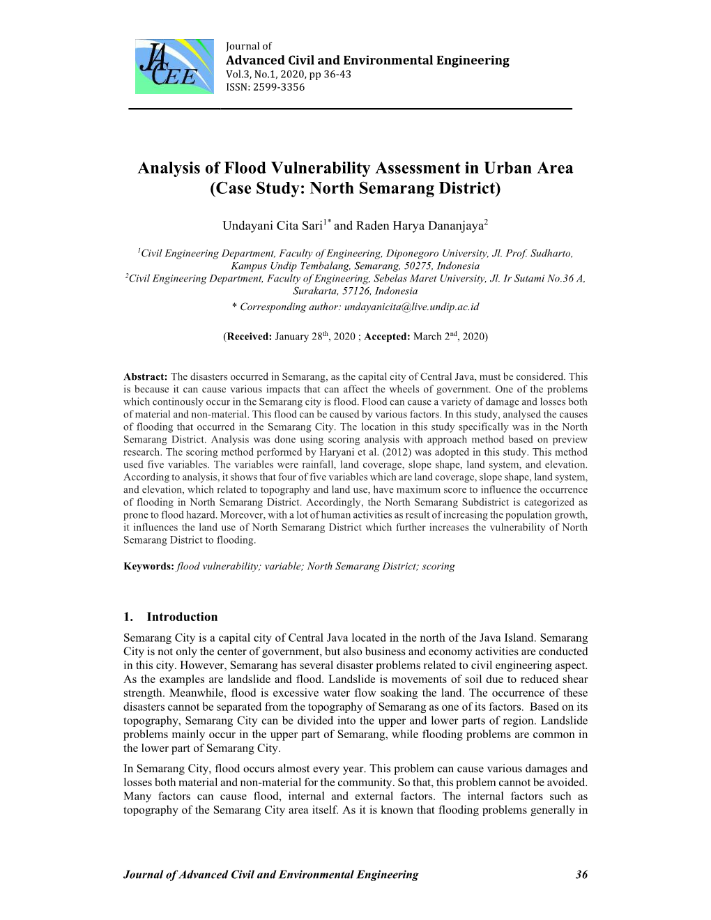 Analysis of Flood Vulnerability Assessment in Urban Area (Case Study: North Semarang District)