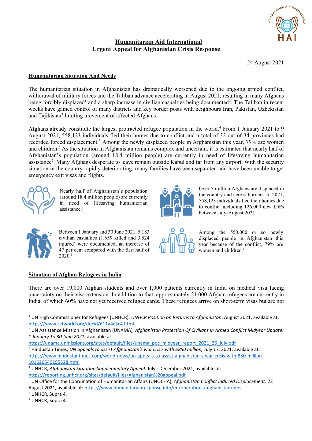 Humanitarian Aid International Urgent Appeal for Afghanistan Crisis Response