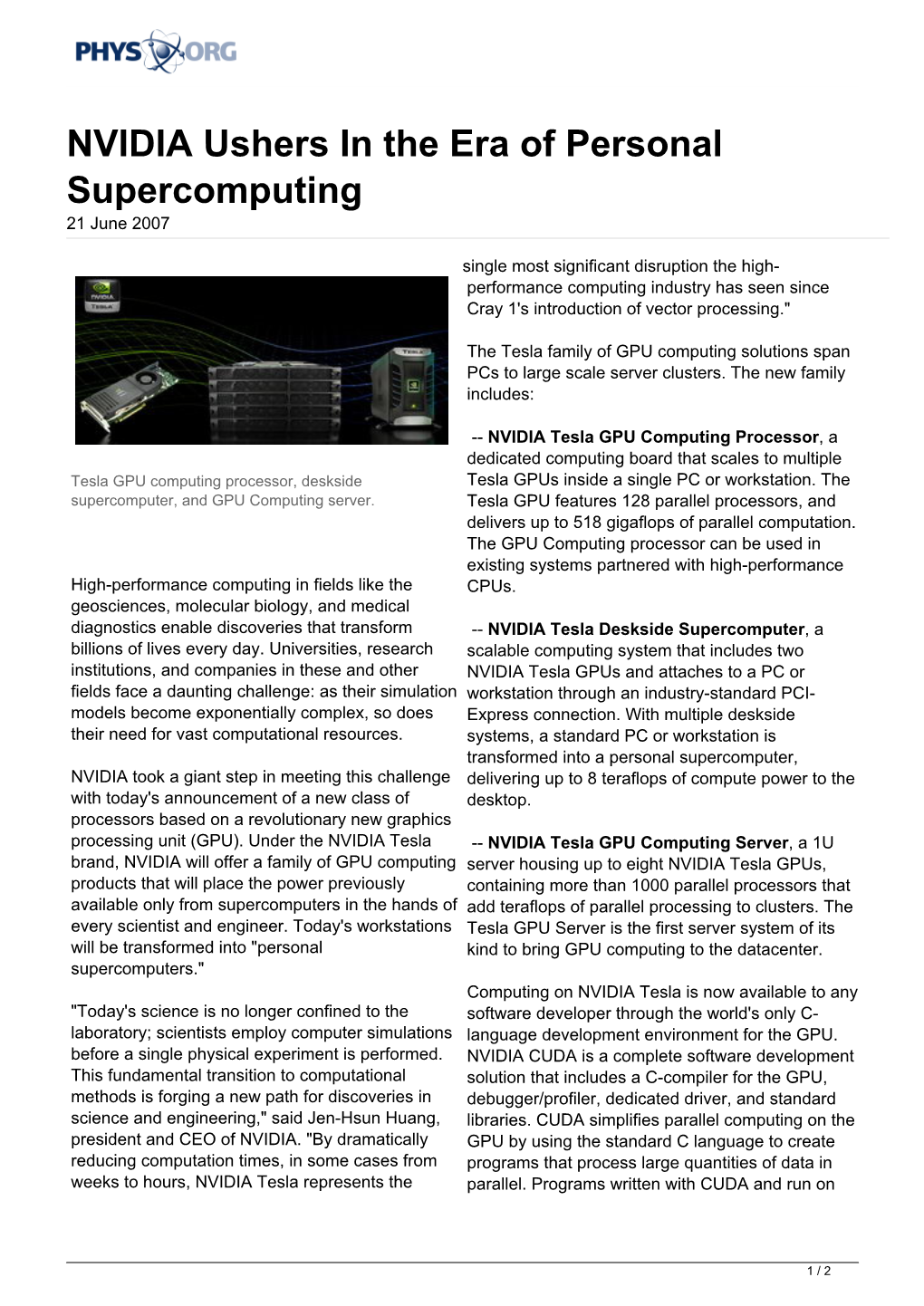 NVIDIA Ushers in the Era of Personal Supercomputing 21 June 2007