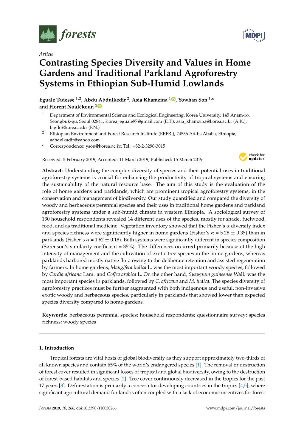Contrasting Species Diversity and Values in Home Gardens and Traditional Parkland Agroforestry Systems in Ethiopian Sub-Humid Lowlands