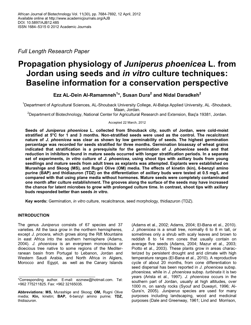 Propagation Physiology of Juniperus Phoenicea L