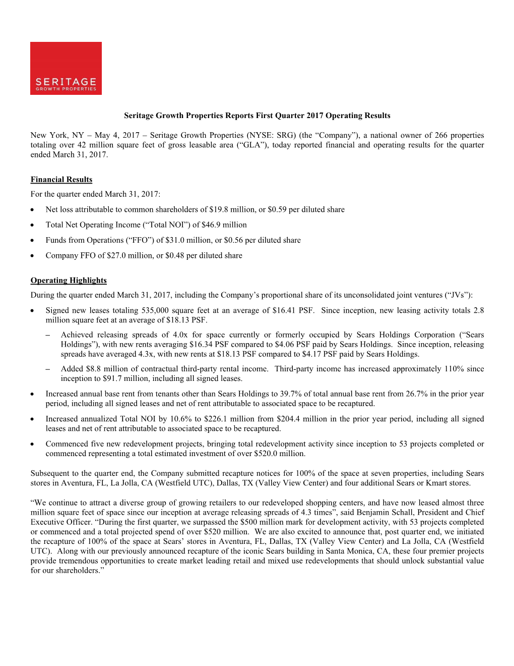 Seritage Growth Properties Reports First Quarter 2017 Operating Results