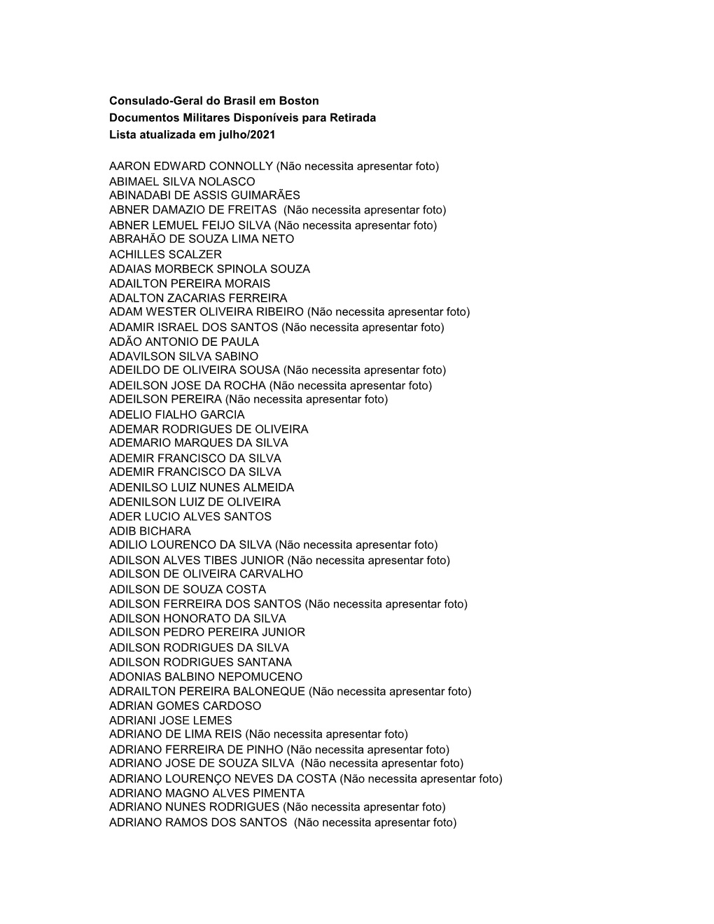Consulado-Geral Do Brasil Em Boston Documentos Militares Disponíveis Para Retirada Lista Atualizada Em Julho/2021