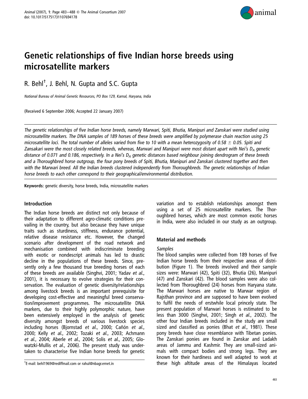 Genetic Relationships of Five Indian Horse Breeds Using Microsatellite