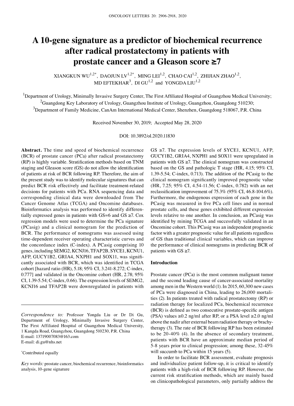 A 10‑Gene Signature As a Predictor of Biochemical Recurrence After Radical Prostatectomy in Patients with Prostate Cancer and a Gleason Score ≥7