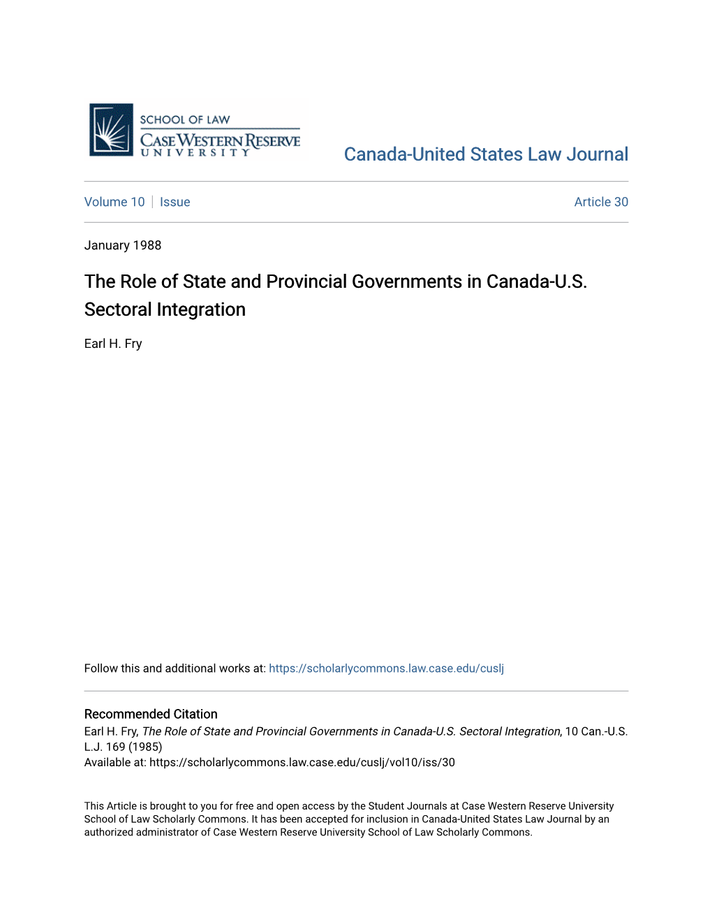 The Role of State and Provincial Governments in Canada-U.S. Sectoral Integration
