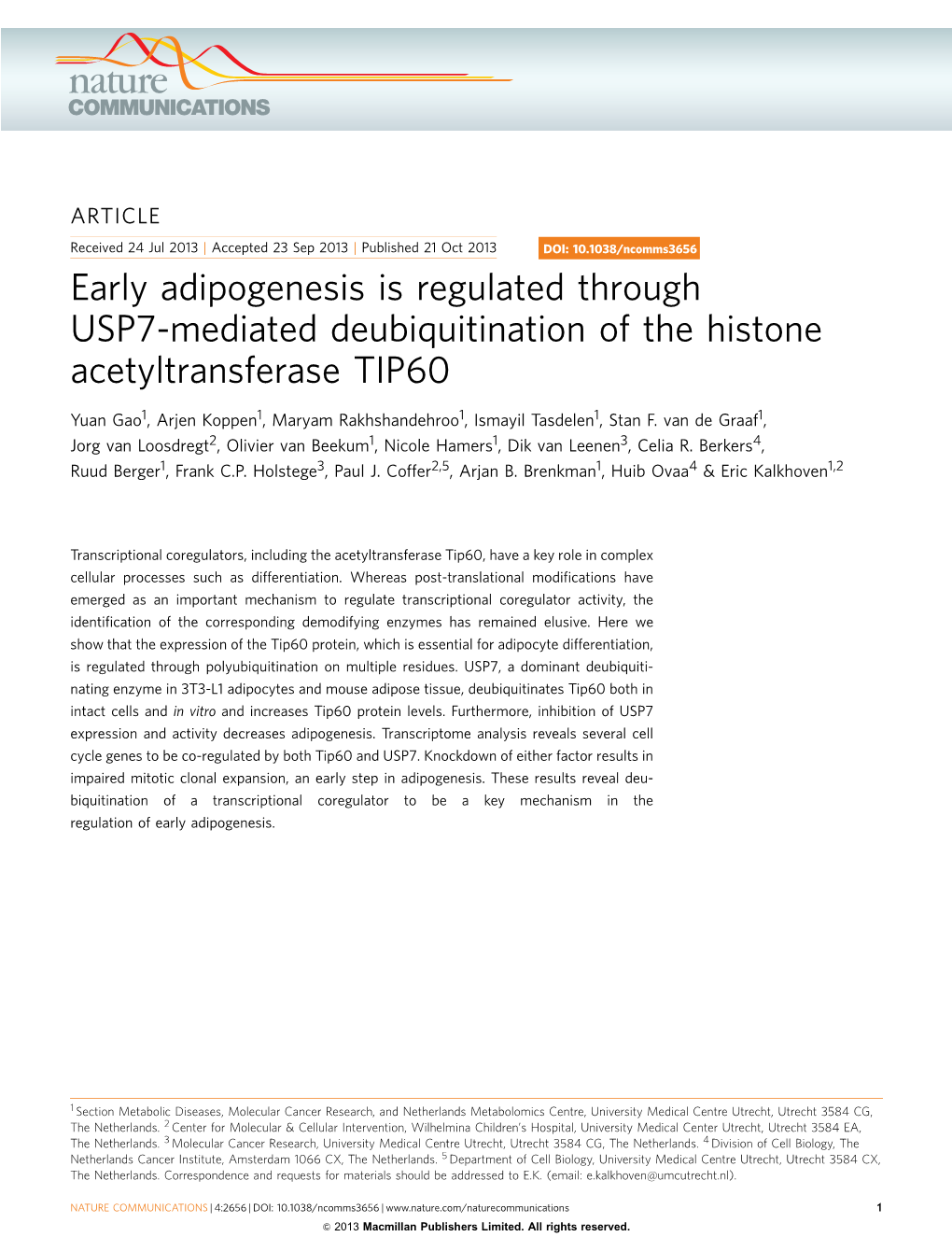 Early Adipogenesis Is Regulated Through USP7-Mediated Deubiquitination of the Histone Acetyltransferase TIP60