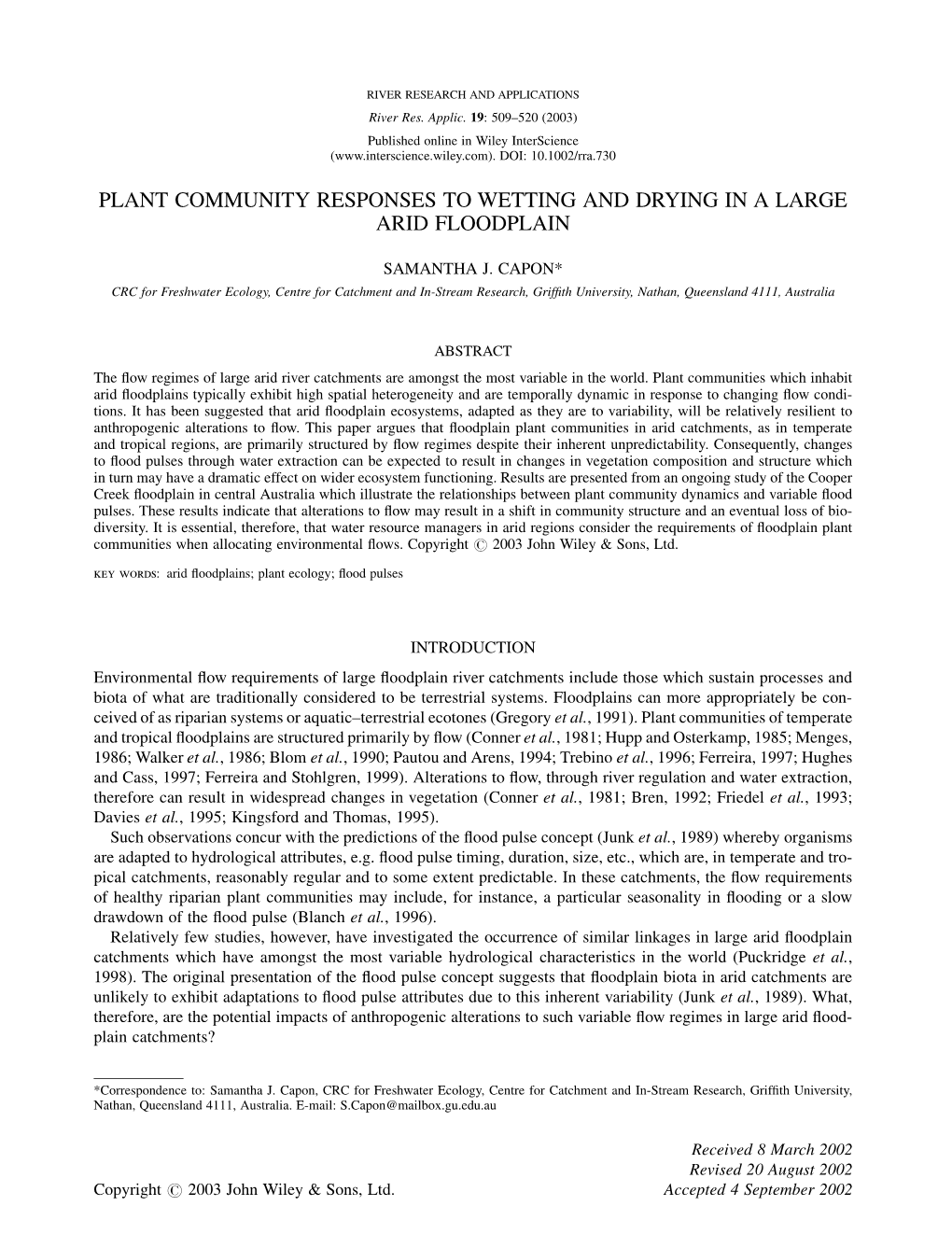 Plant Community Responses to Wetting and Drying in a Large Arid Floodplain
