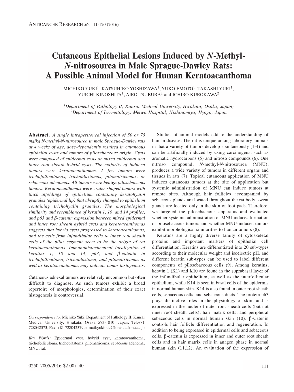 Cutaneous Epithelial Lesions Induced by N-Methyl- N-Nitrosourea in Male Sprague-Dawley Rats: a Possible Animal Model for Human Keratoacanthoma