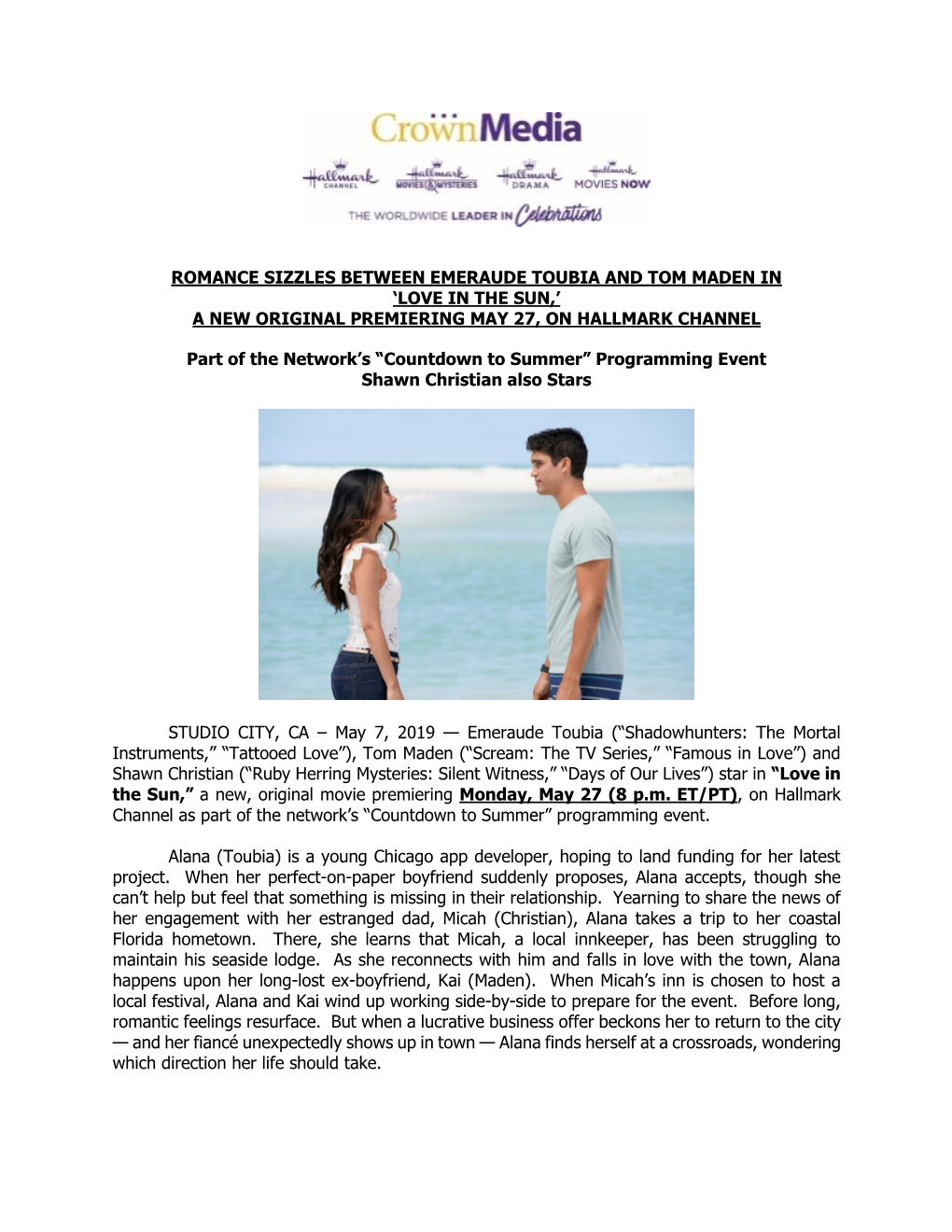 Romance Sizzles Between Emeraude Toubia and Tom Maden in ‘Love in the Sun,’ a New Original Premiering May 27, on Hallmark Channel