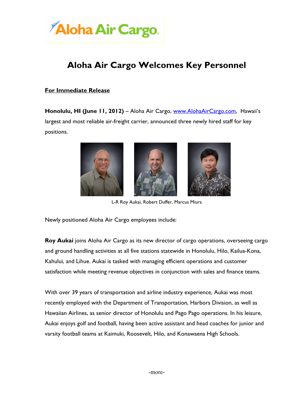 Aloha Air Cargo Welcomes Key Personnel