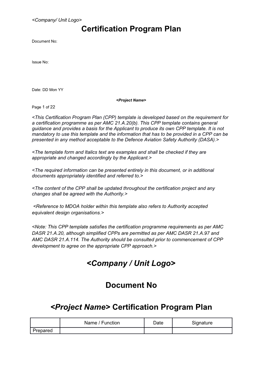 DASA Template - Certification Program Plan