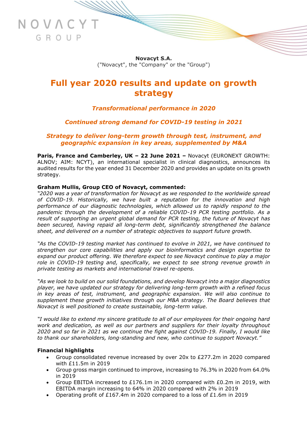 Full Year 2020 Results and Update on Growth Strategy
