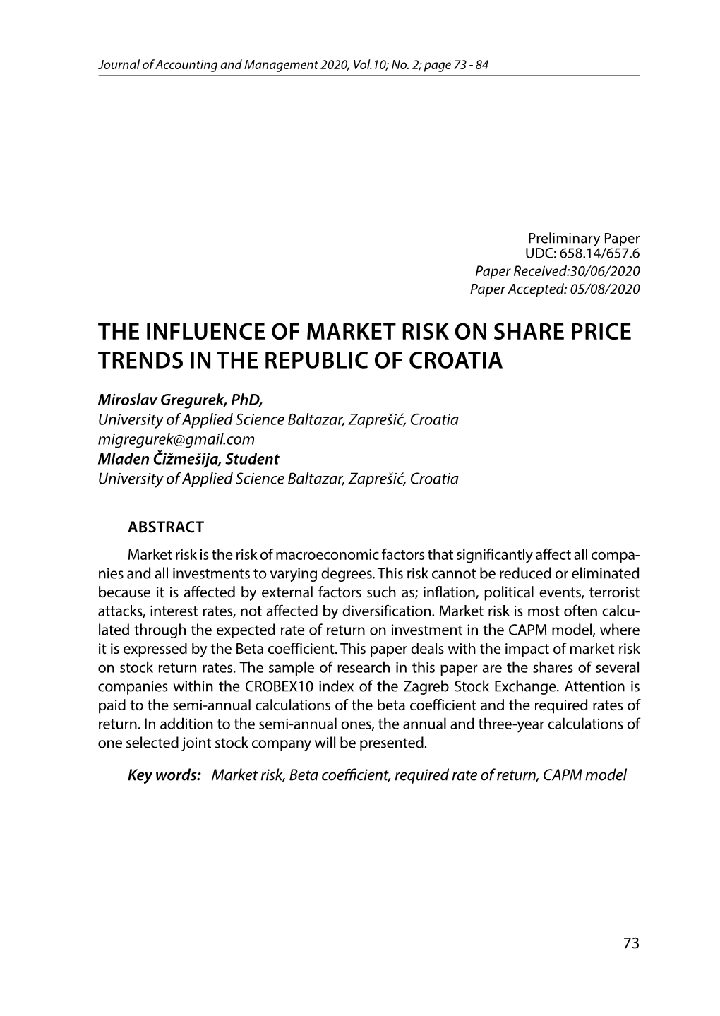 The Influence of Market Risk on Share Price Trends in the Republic of Croatia