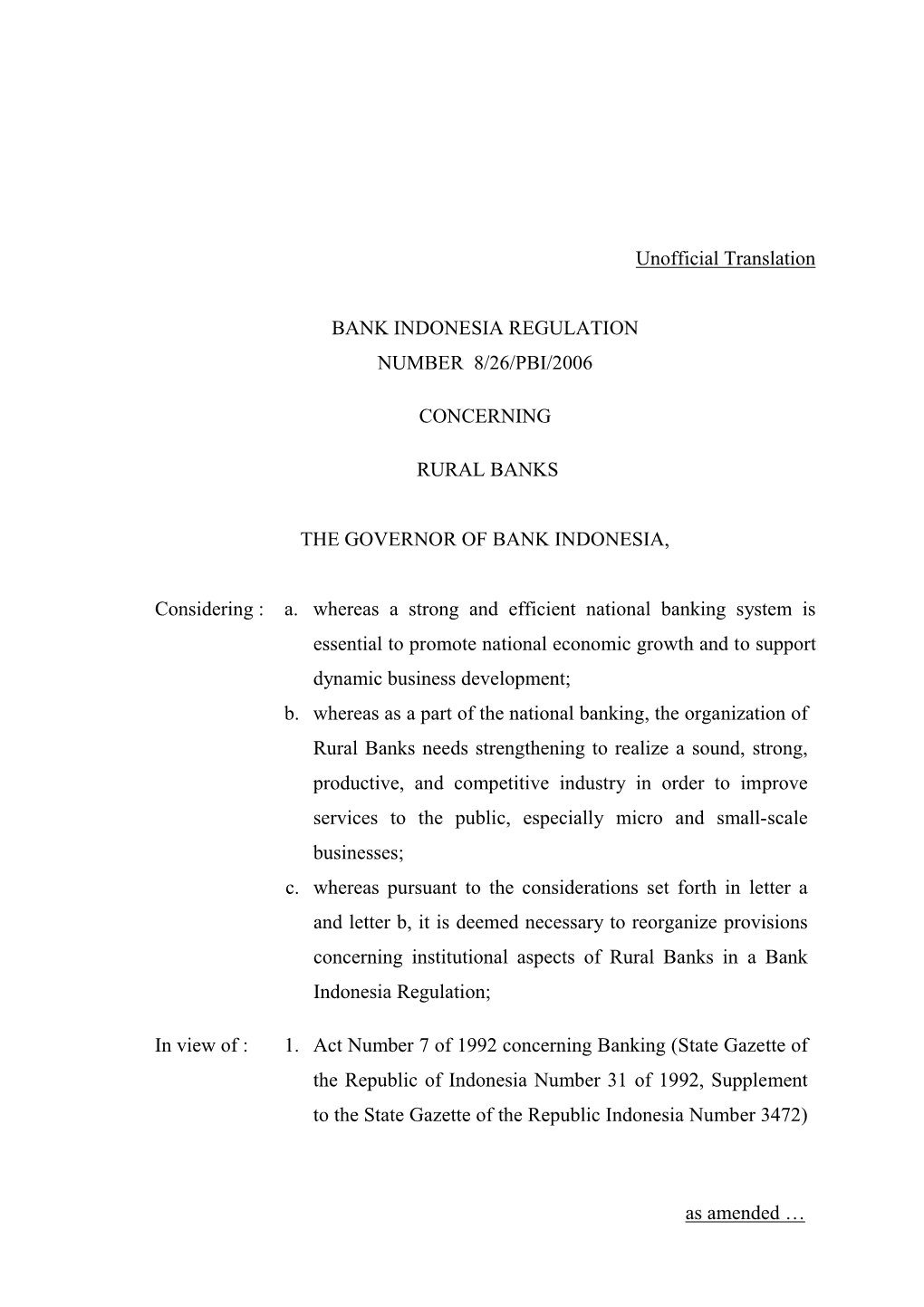 Bank Indonesia Regulation Concerning Rural Banks