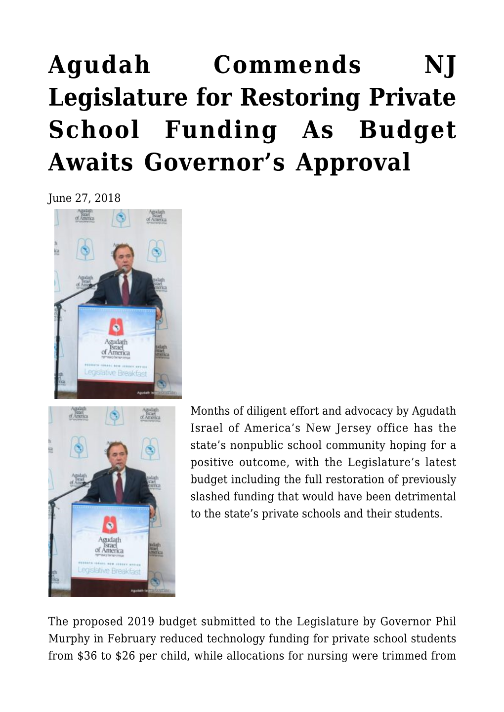 Agudah Commends NJ Legislature for Restoring Private School Funding As Budget Awaits Governor’S Approval