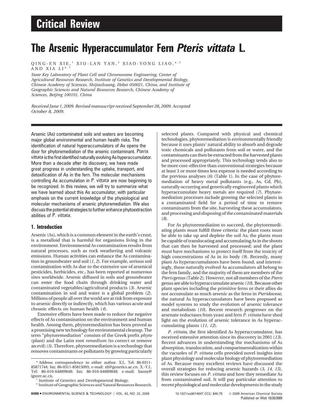 Critical Review the Arsenic Hyperaccumulator Fern Pteris