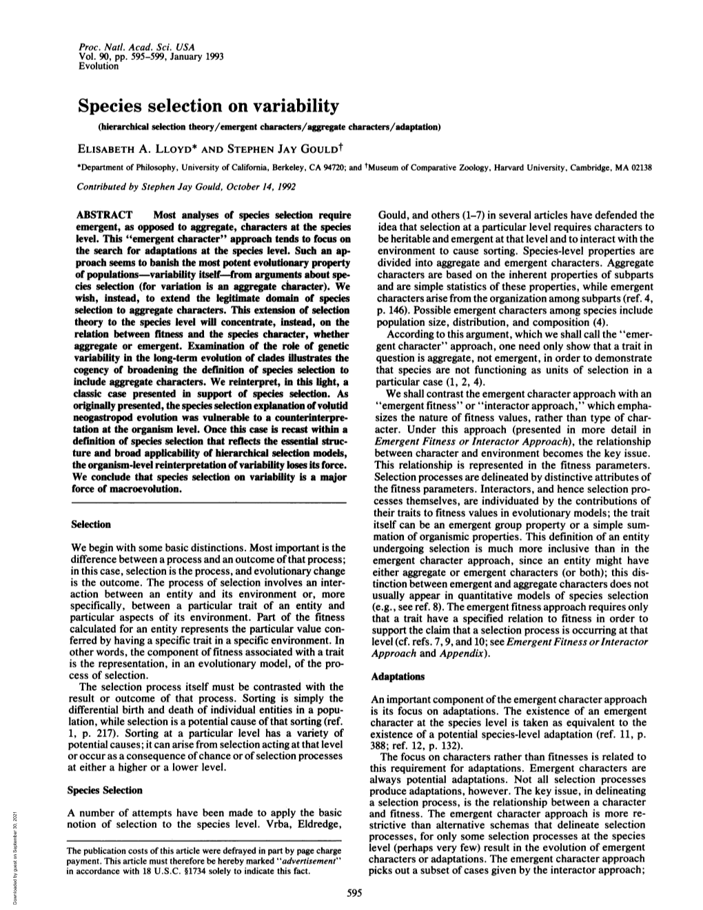 Species Selection on Variability (Hierarchical Selection Theory/Emergent Characters/Aggregate Characters/Adaptation) ELISABETH A