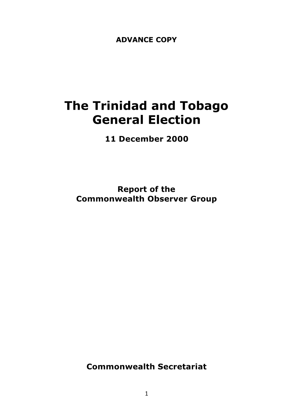 Trinidad and Tobago General Election 2000 Report of the Commonwealth