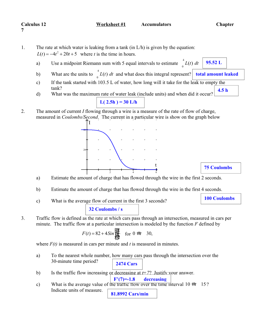 Calculus 12 Worksheet #1 Accumulators Chapter 7