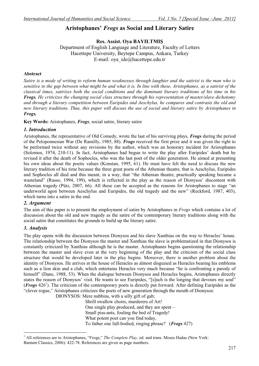 Oya BAYILTMIŞ Department of English Language and Literature, Faculty of Letters Hacettepe University, Beytepe Campus, Ankara, Turkey E-Mail: Oya Ide@Hacettepe.Edu.Tr