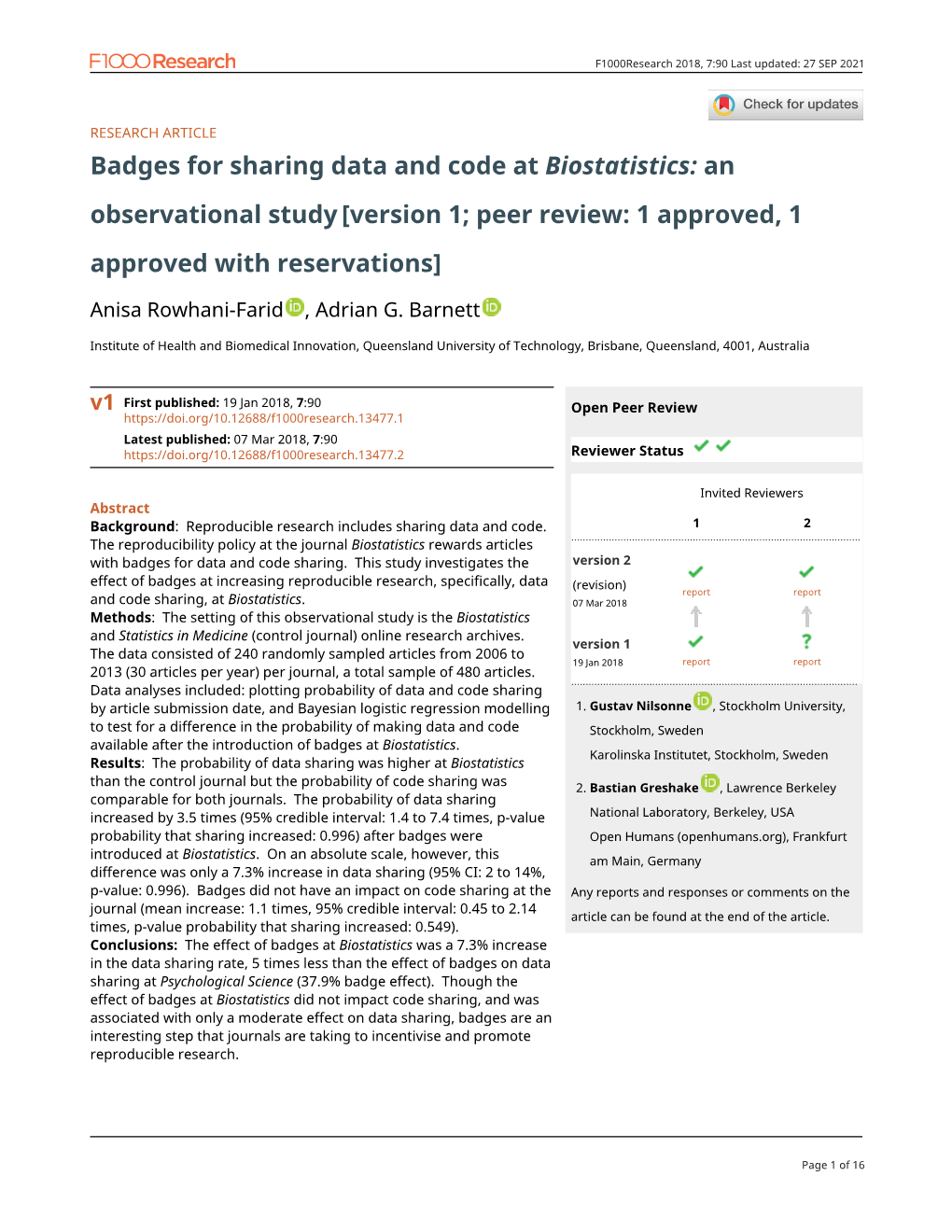 Badges for Sharing Data and Code at Biostatistics: an Observational Study [Version 1; Peer Review: 1 Approved, 1 Approved with Reservations]
