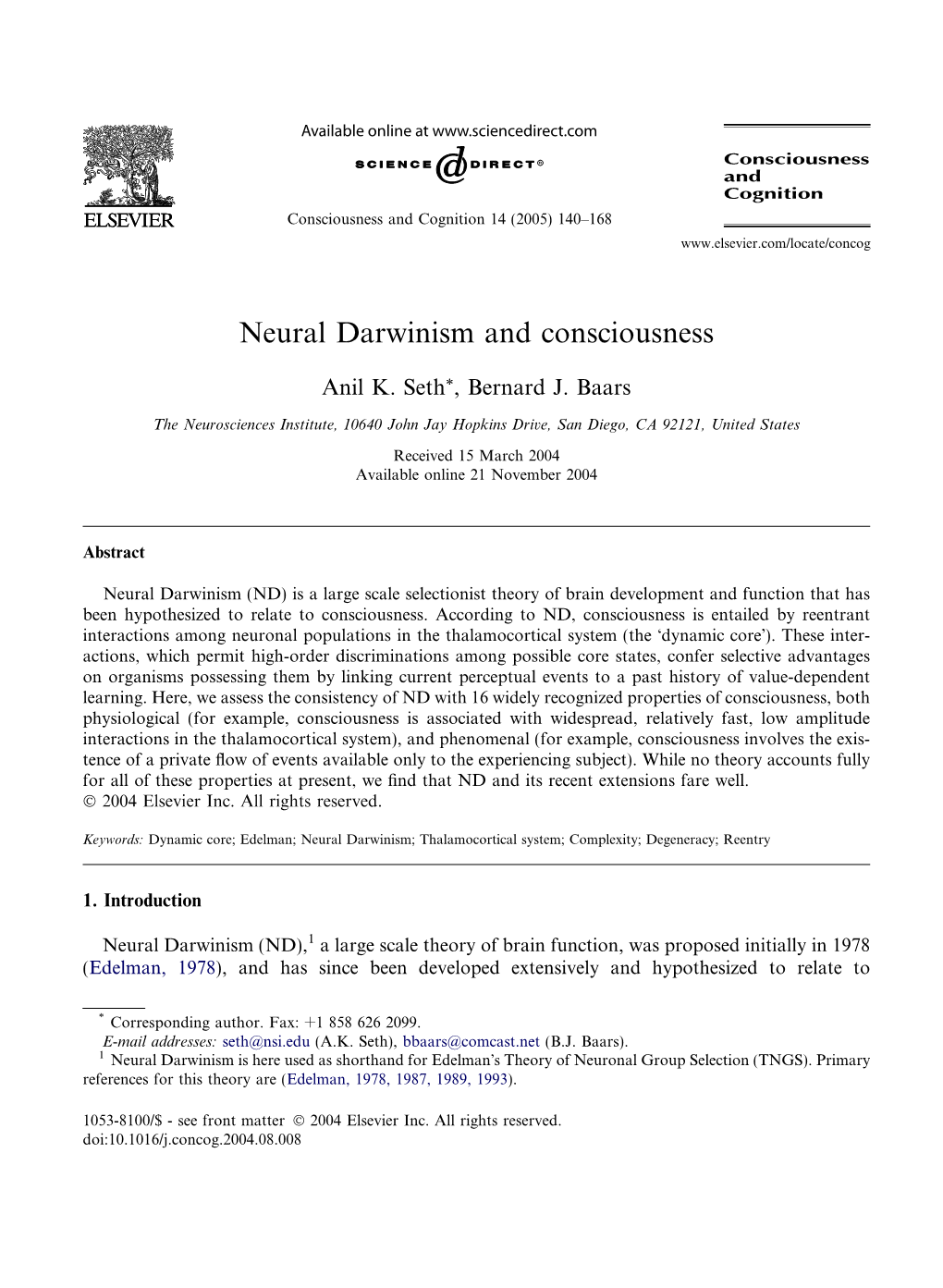 Neural Darwinism and Consciousness