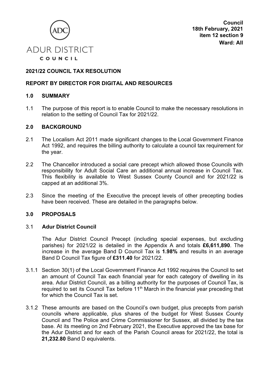 2021.02.18 ADC 2021-22 Council Tax Resolution