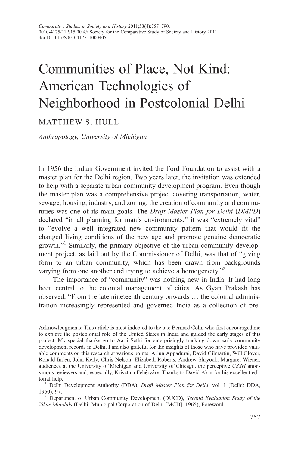 Communities of Place, Not Kind: American Technologies of Neighborhood in Postcolonial Delhi
